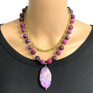 Purple & Green Agate Double-Strand Beaded Necklace With Large Pendant